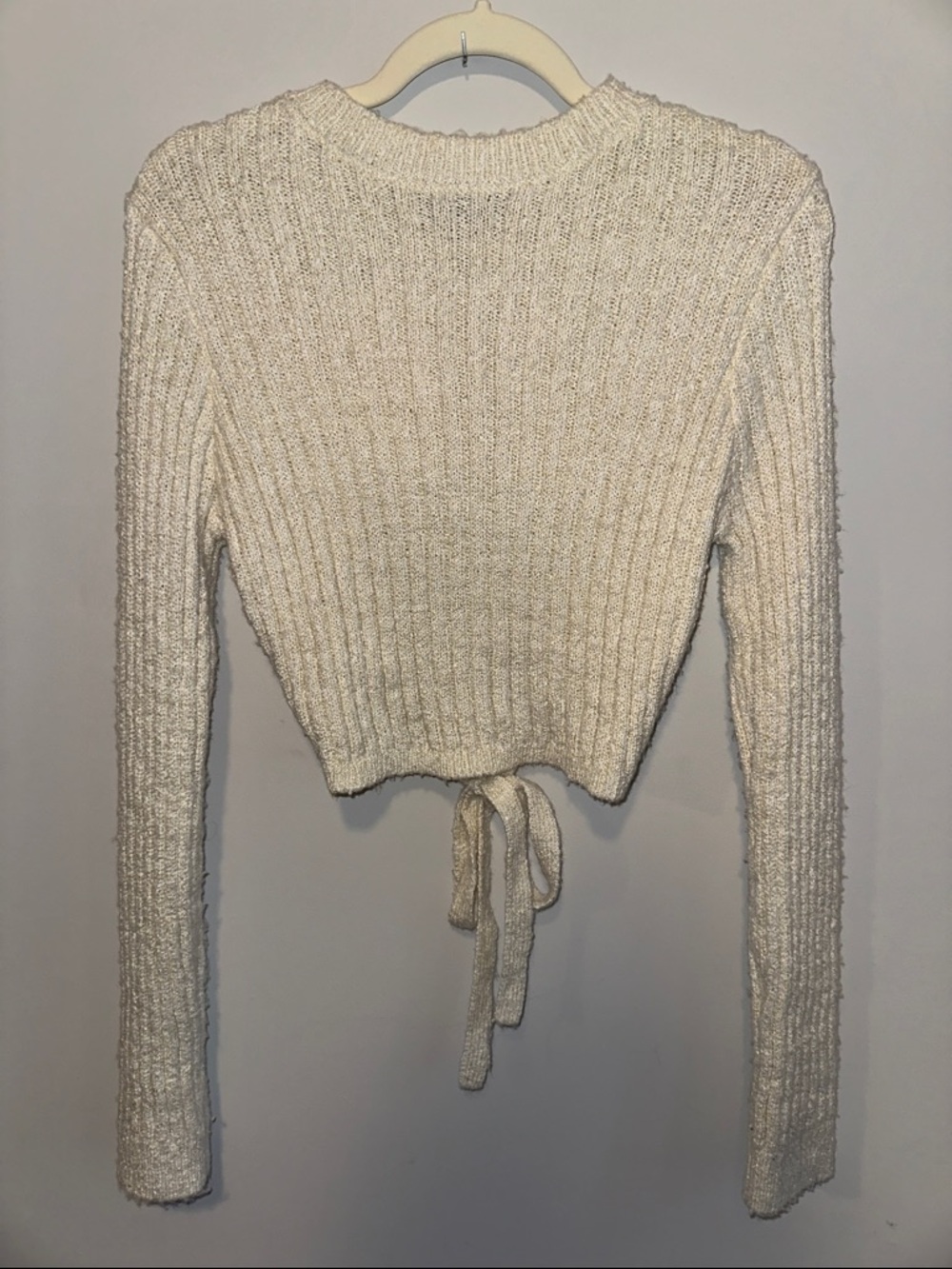 Forever 21 Cream Ribbed Tie-Back Crew Neck Sweater